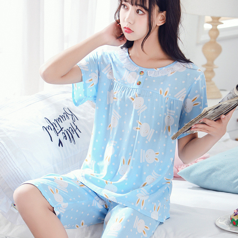 短袖甜美卡通女士薄款纯棉绸夏季睡衣短袖少女公主绵绸套装家居服