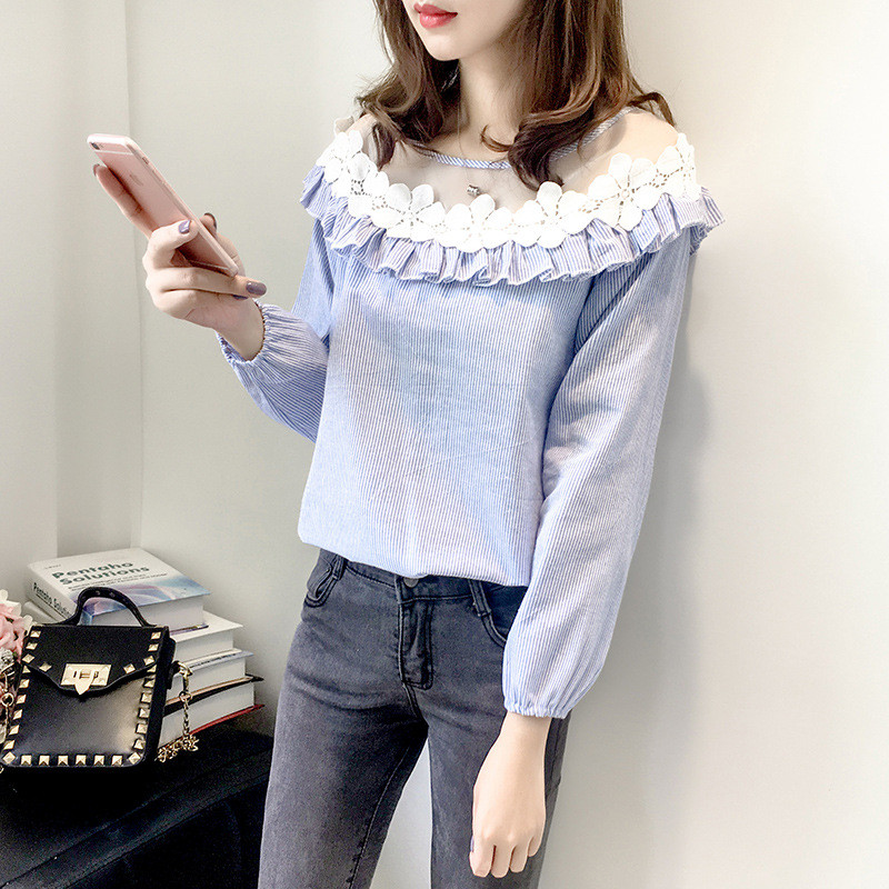 灯笼袖长袖条纹衬衫女2017春新款韩版圆领网