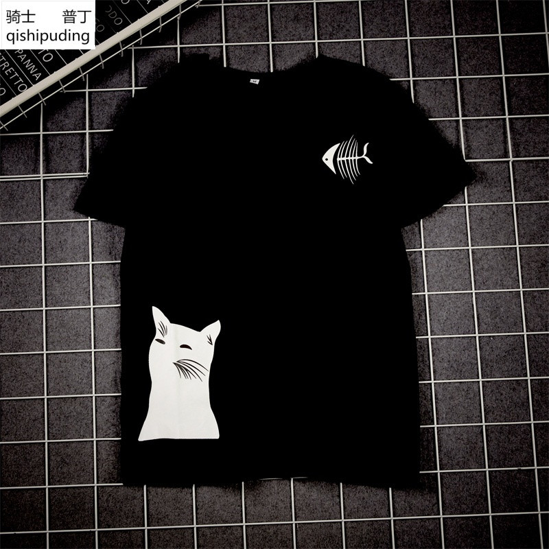 骑士普丁夏季新品创意小猫鱼骨头印花体恤加肥