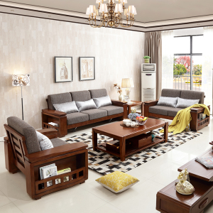 景山百岁 现代中式 实木沙发茶几组合 5件套u型木质布艺坐垫大小户型客厅套房家具 A022#