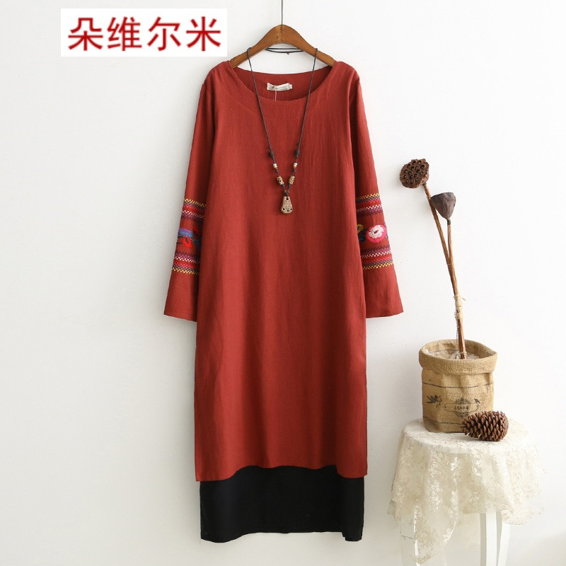 朵维尔米民族风复古刺绣双层棉麻连衣裙长裙 