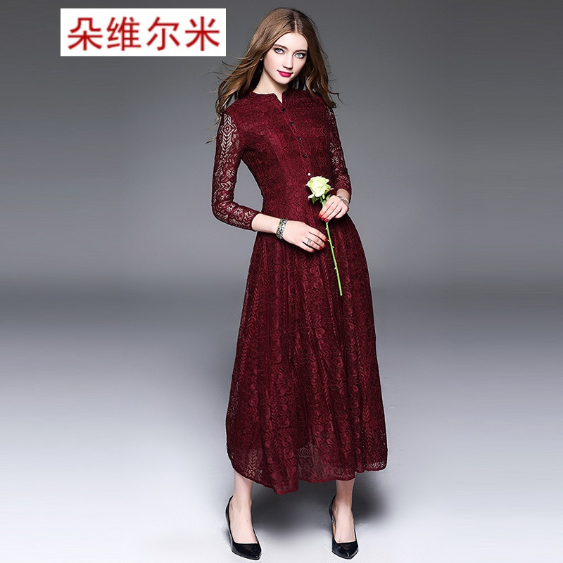 朵维尔米秋冬季欧美修身酒红色蕾丝长裙立领收
