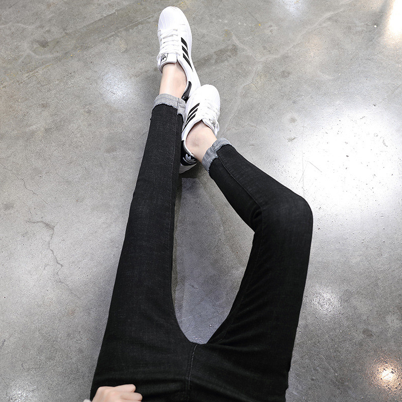 韩国黑色紧身牛仔裤女九分裤春季卷边显瘦高腰