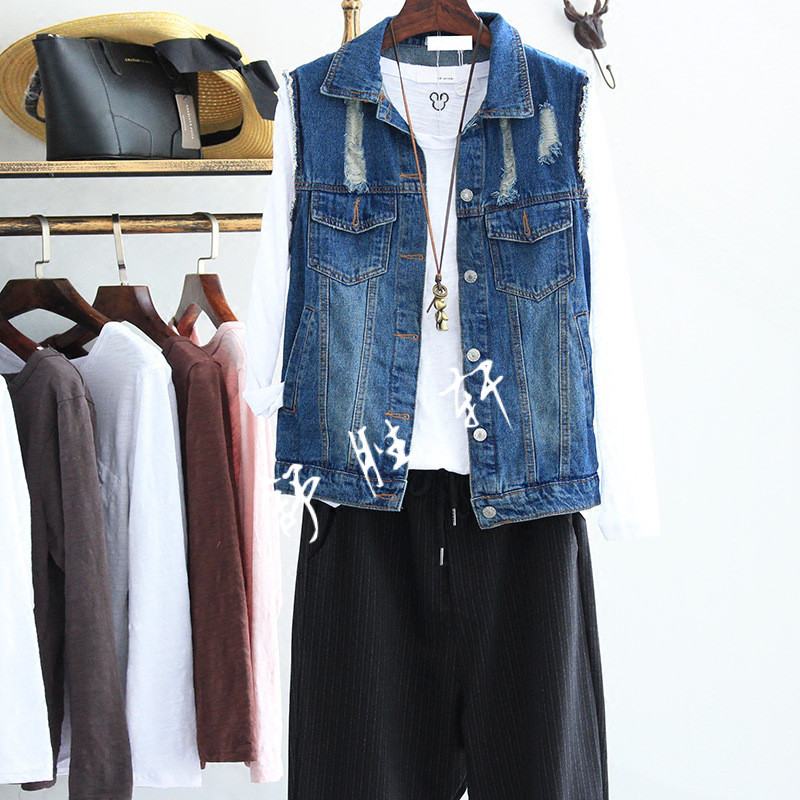 2017秋季复古磨破洞牛仔马甲女马夹宽松韩版