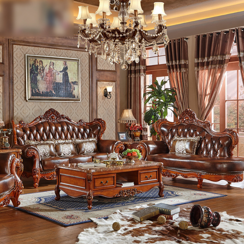 淮木 真皮沙发大户型家具 实木欧式沙发组合客厅美式