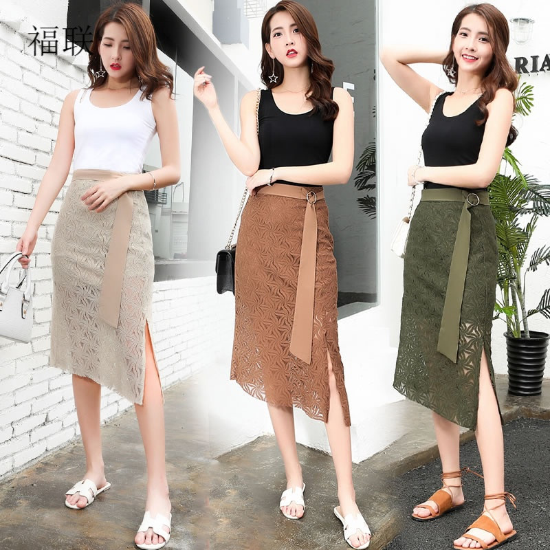 夏季新款包裙开叉一步裙潮包臀裙修身显瘦蕾丝不规则中长款半身裙1010