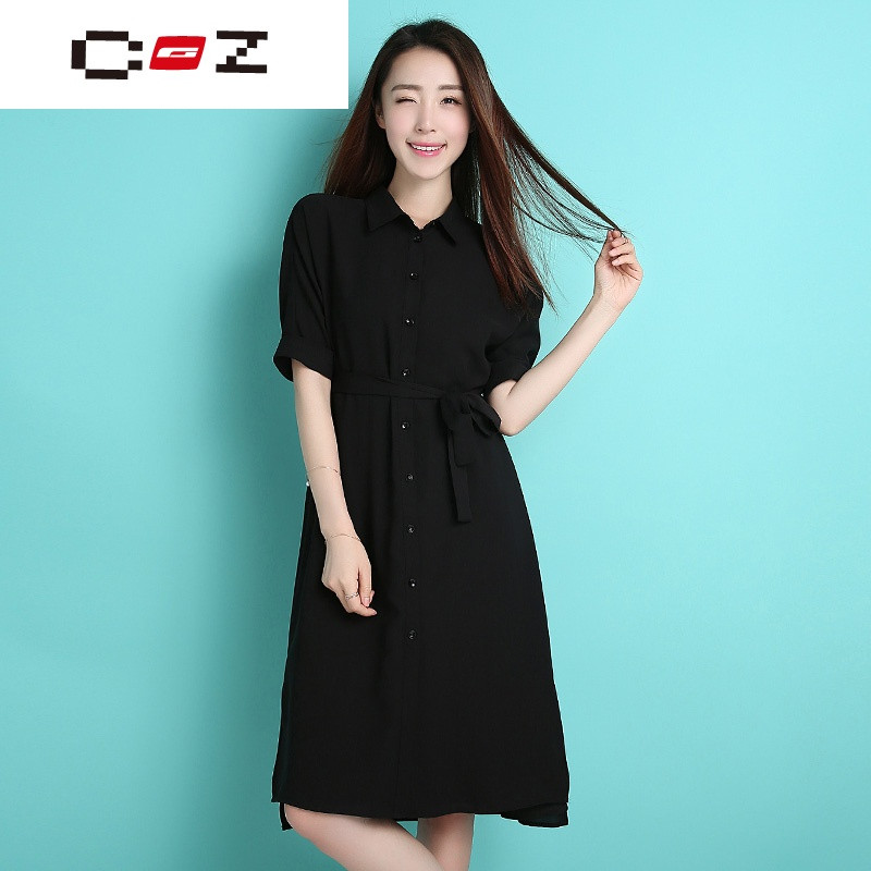 CZ潮流品牌衬衣领雪纺连衣裙 2017韩版黑色宽
