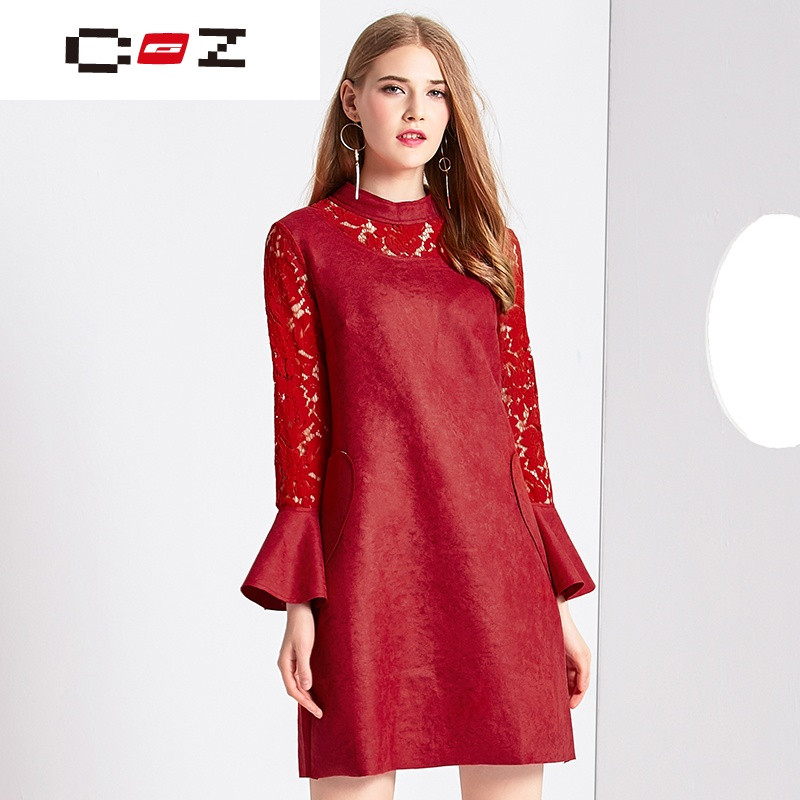 CZ潮流品牌红色连衣裙2017春装新款女装立领