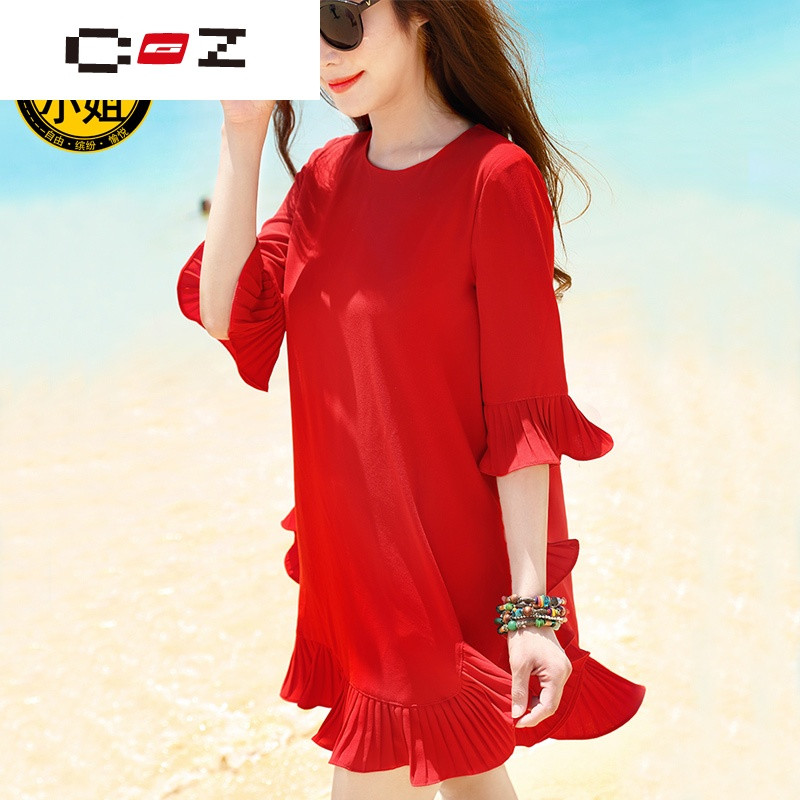 CZ潮流品牌新款女装礼服连衣裙红色沙滩裙喇