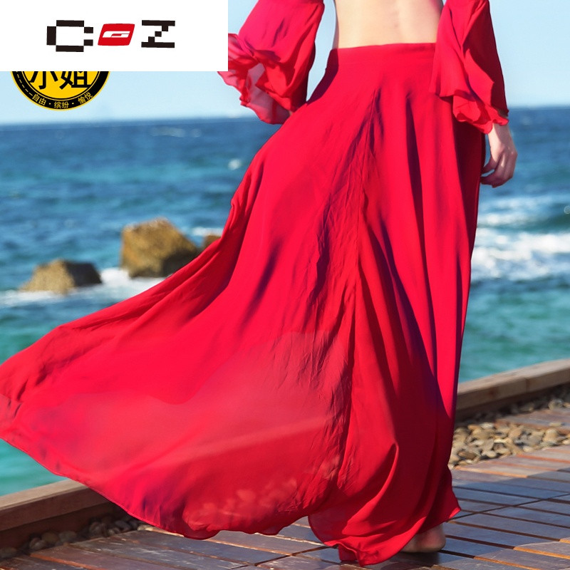 CZ潮流品牌夏红色半身裙沙滩裙不规则半身长