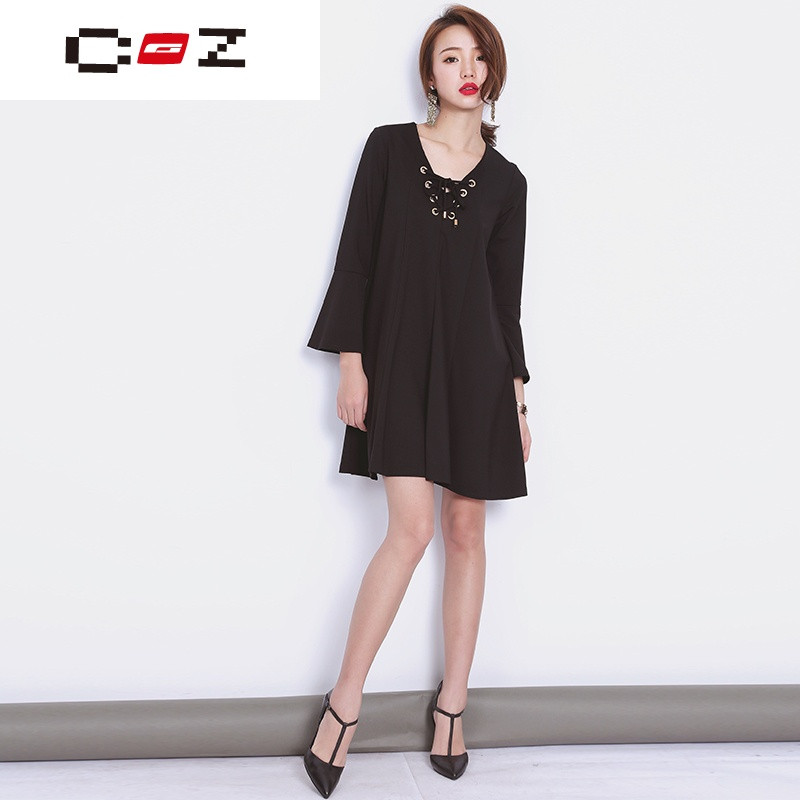 流品牌绑带设计 黑色V领喇叭袖荷叶边连衣裙中