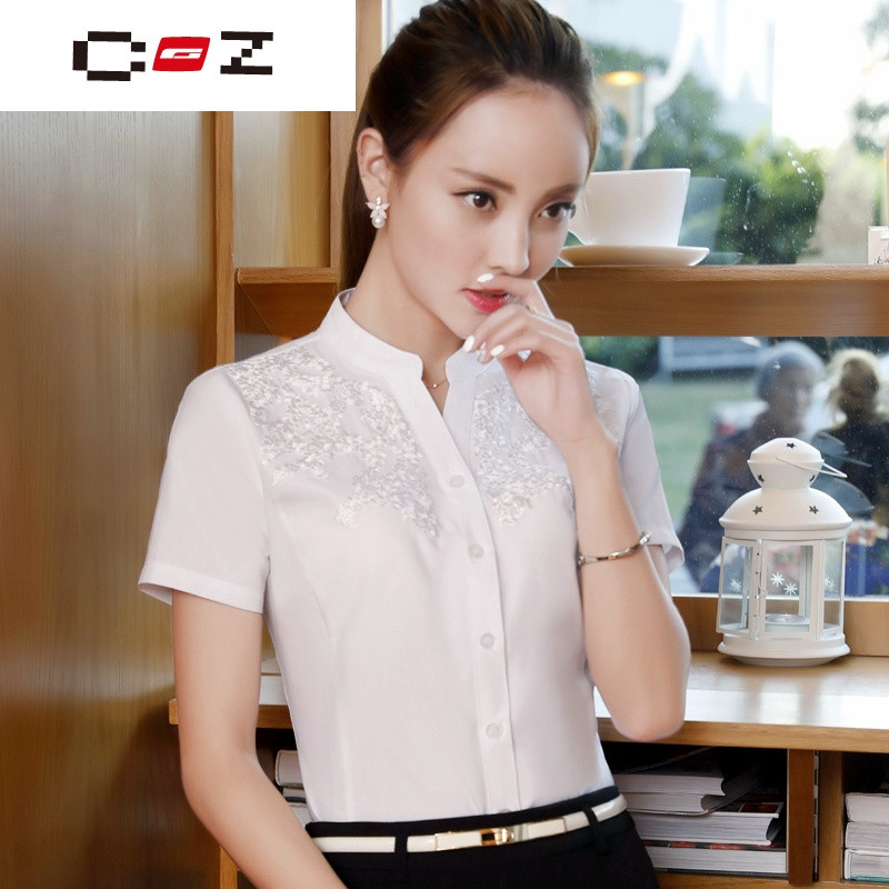 CZ潮流品牌2017春夏短袖女士衬衫新款绣花白