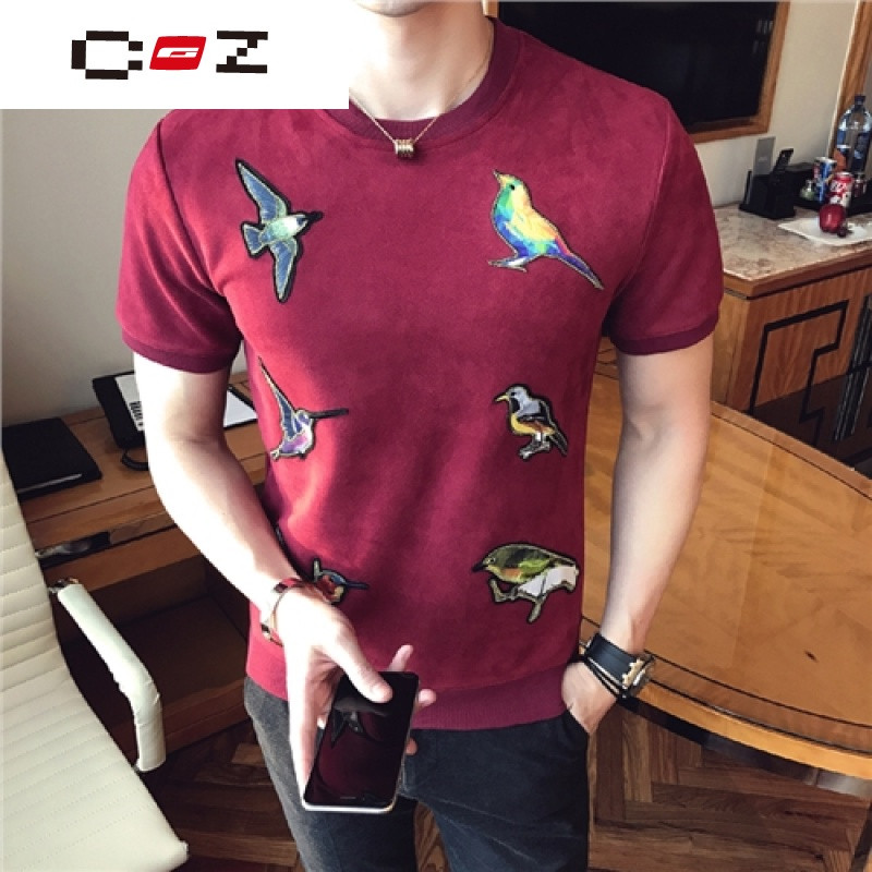 CZ潮流品牌2017春季款 蜂鸟刺绣短袖卫衣男体