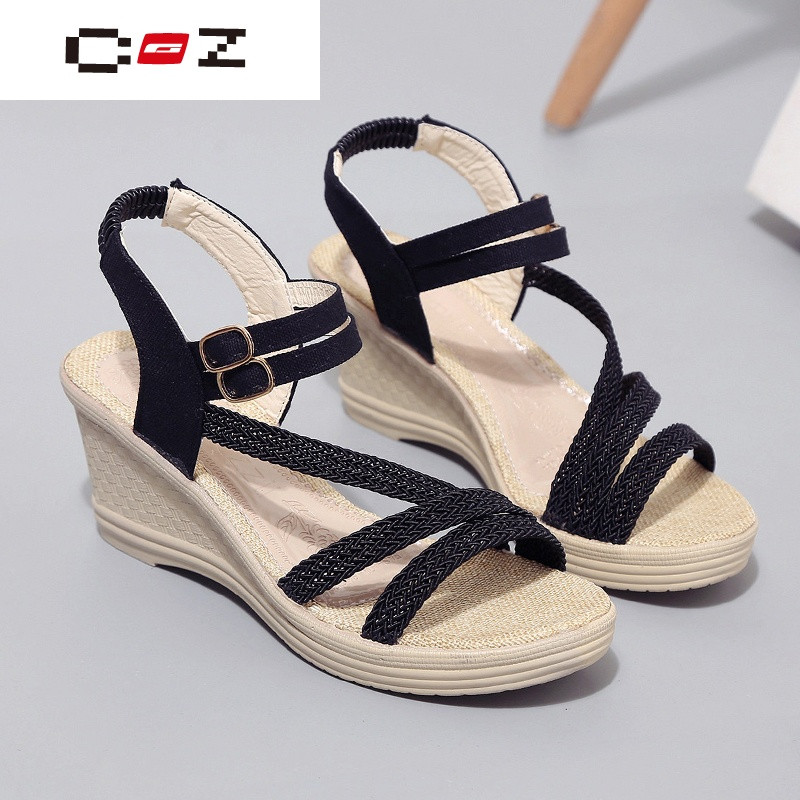 CZ潮流品牌韩版高跟坡跟甜美女凉鞋2017夏季