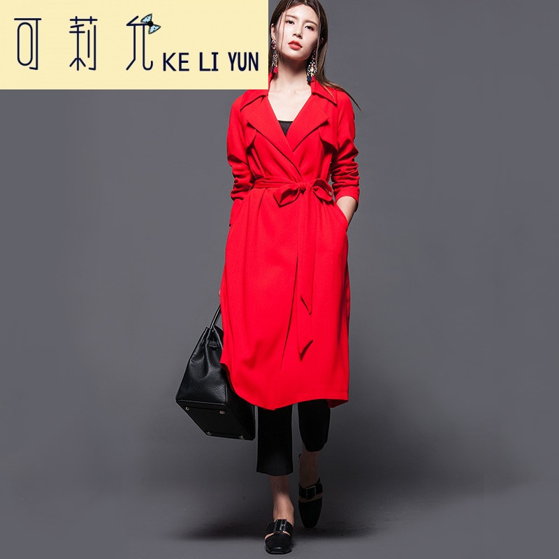 KELIYUN2017春季新品正大红色女士风衣中长