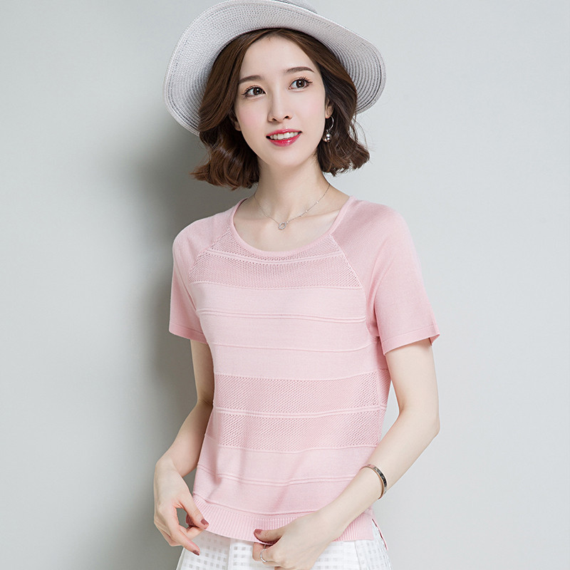 2017夏季新款韩版冰丝针织衫女套头宽松短款t恤圆领上衣短袖薄款