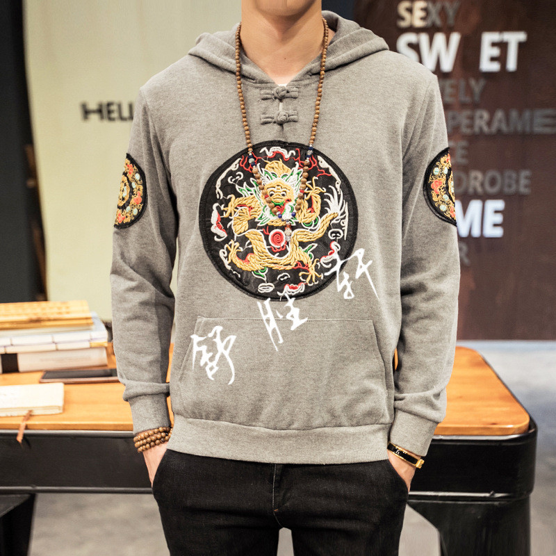 国风男装秋装2017新款潮男龙袍刺绣卫衣男连