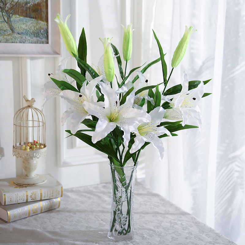 仿真百合花套装绢花客厅插花室内装饰花假花塑料花-白色6支(不含花瓶)