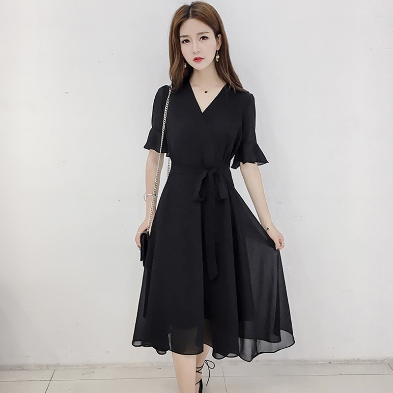 2017夏新款女装黑色雪纺连衣裙长款喇叭袖显瘦气质v领