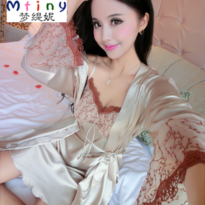 mtiny春夏款长袖仿 真丝睡衣女性感吊带睡裙睡袍丝绸两件套家居服套装