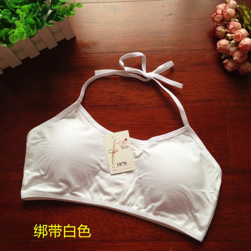 2017款】纯棉少女发育期挂脖文胸初高中学生绑带内衣有胸垫系带背心裹