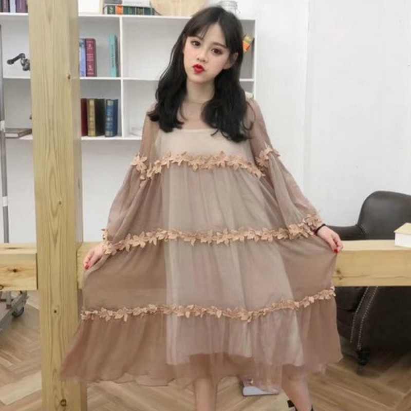 818款夏季女装韩版中长款吊带裙两件套透视网纱仙女裙