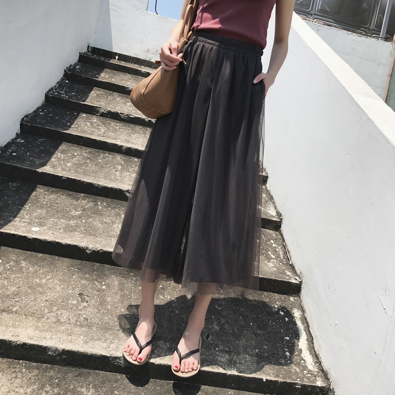 a7seven 双层网纱拼接雪纺阔腿裤女夏韩版百搭显瘦休闲九分裤裙裤