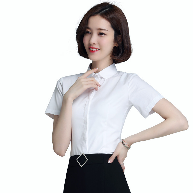 娉语白衬衫女短袖职业ol工装工作服女学生韩版娃娃领修身衬衣2018夏装