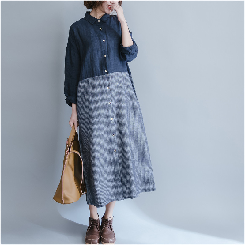 娉语2018秋季新款文艺大码亚麻撞色条纹拼接长袖中长款衬衫式连衣裙女