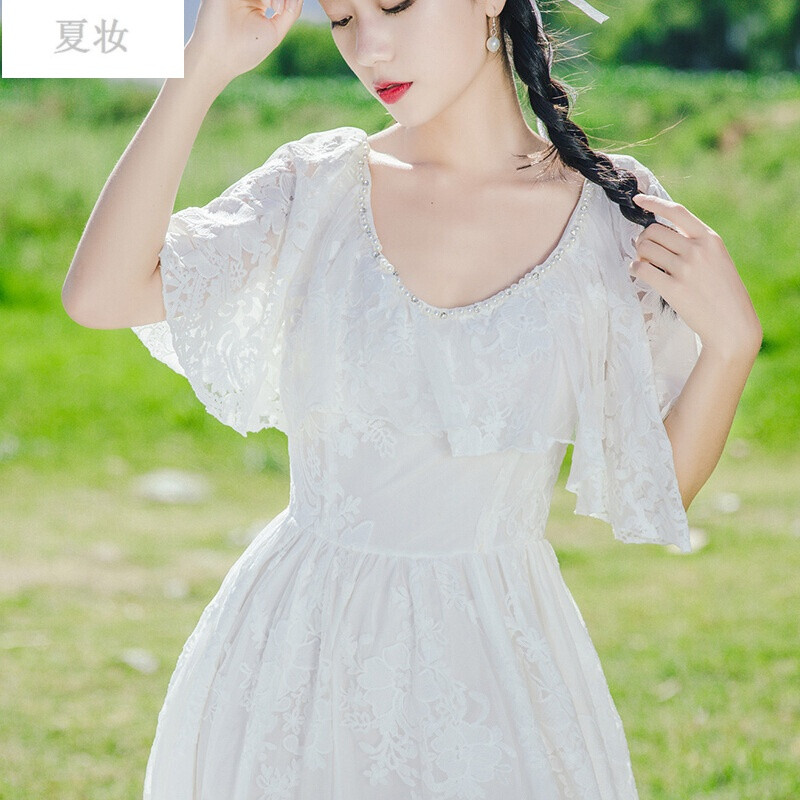 夏妆重工蕾丝长裙女夏新款学生连衣裙勾花镂空学院风仙女裙修身沙滩裙