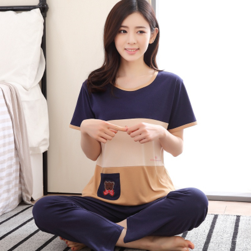 2017新款睡衣女夏纯棉短袖长裤卡通可外穿薄