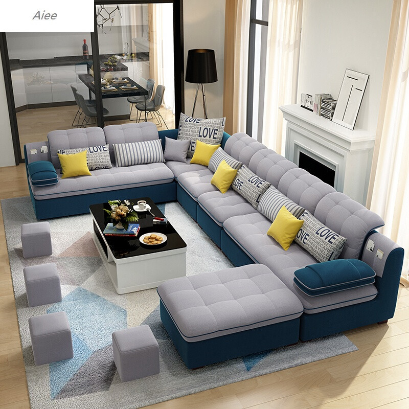 aiee布艺沙发组合简约现代客厅家具大小户型u型转角可