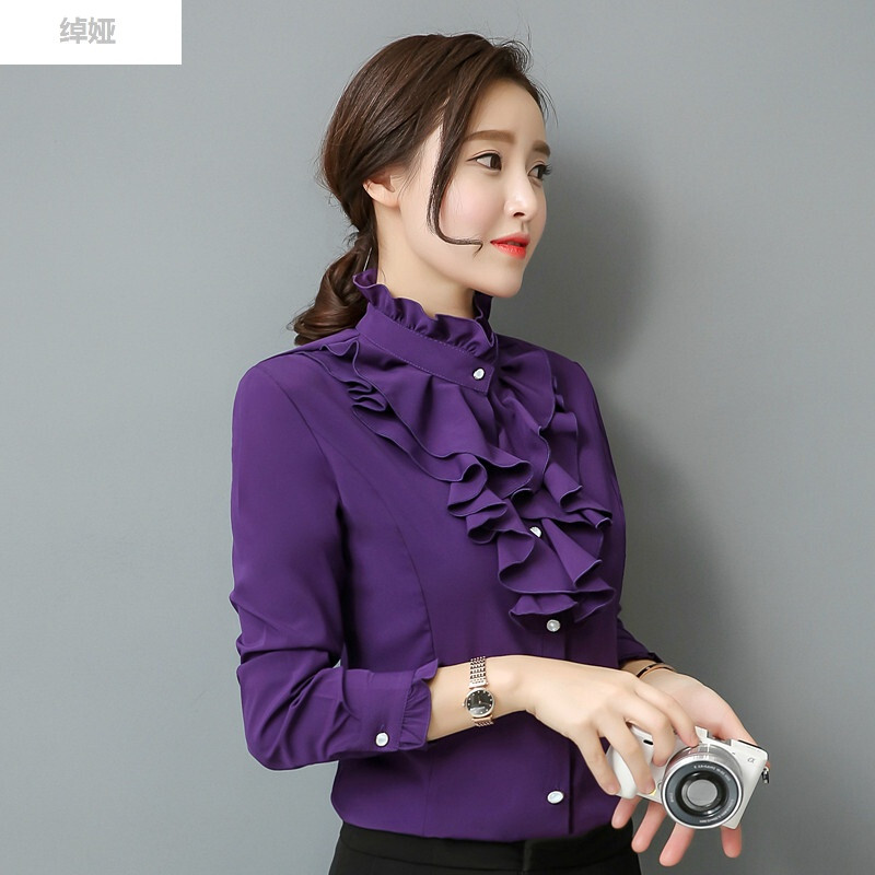 绰娅2017秋款立领荷叶边雪纺长袖衬衫女职业