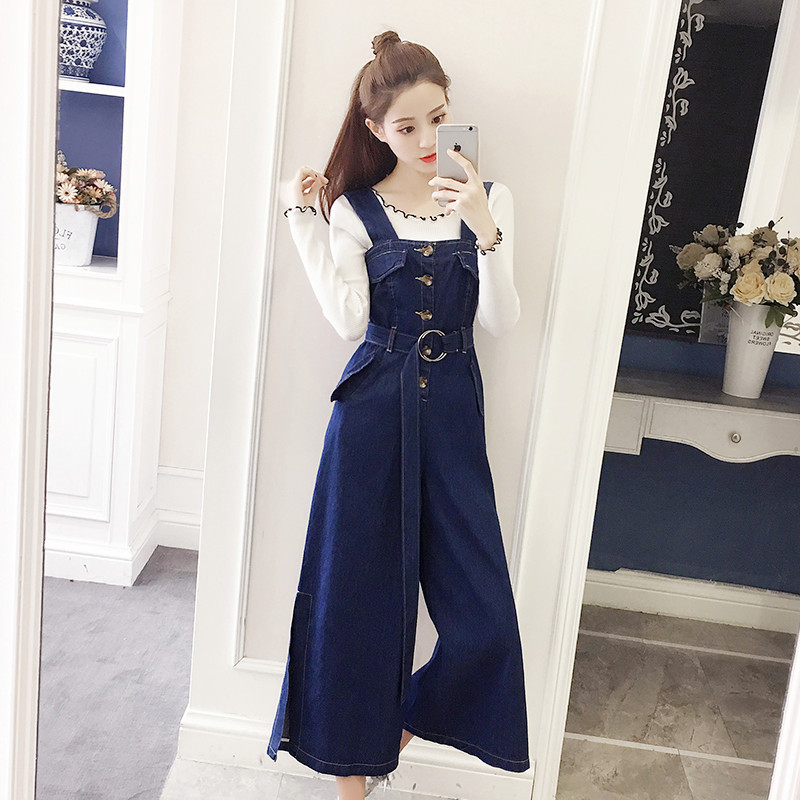 瑾汐[651#]2017冬季新款牛仔阔腿裤背带裤学生