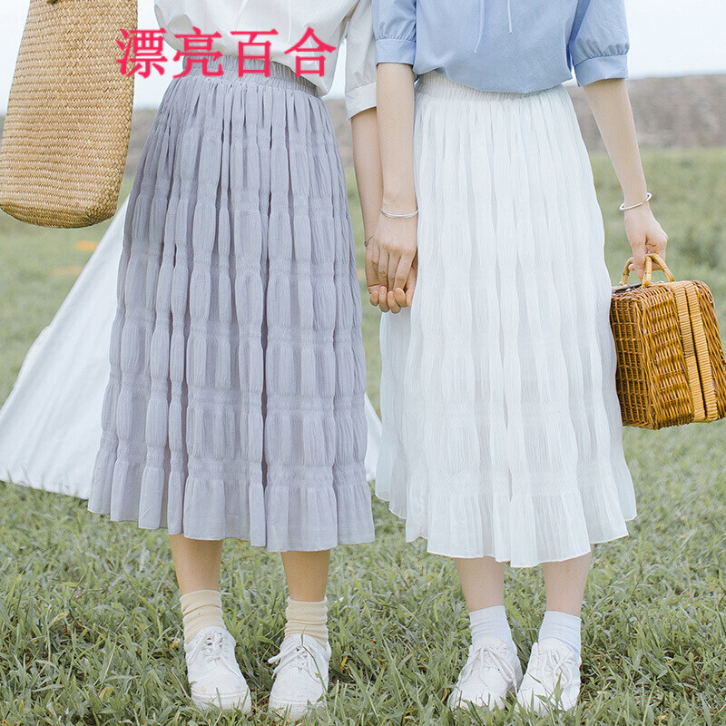 漂亮百合2017女装夏装新款泡泡百褶美丽的大摆半身裙子7777