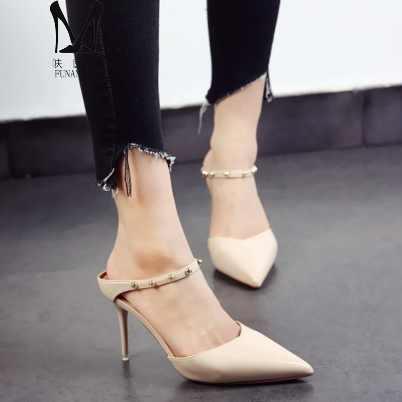 呋囡坊(funanfang)黄色女鞋2017夏季新款欧美尖头鞋漆皮细跟高跟鞋