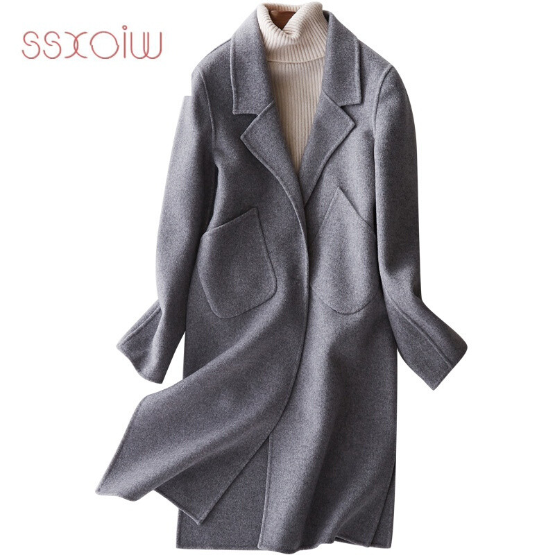 ssxoiw2017新款羊毛双面呢大衣修身韩版中长款女羊毛呢子外套灰色