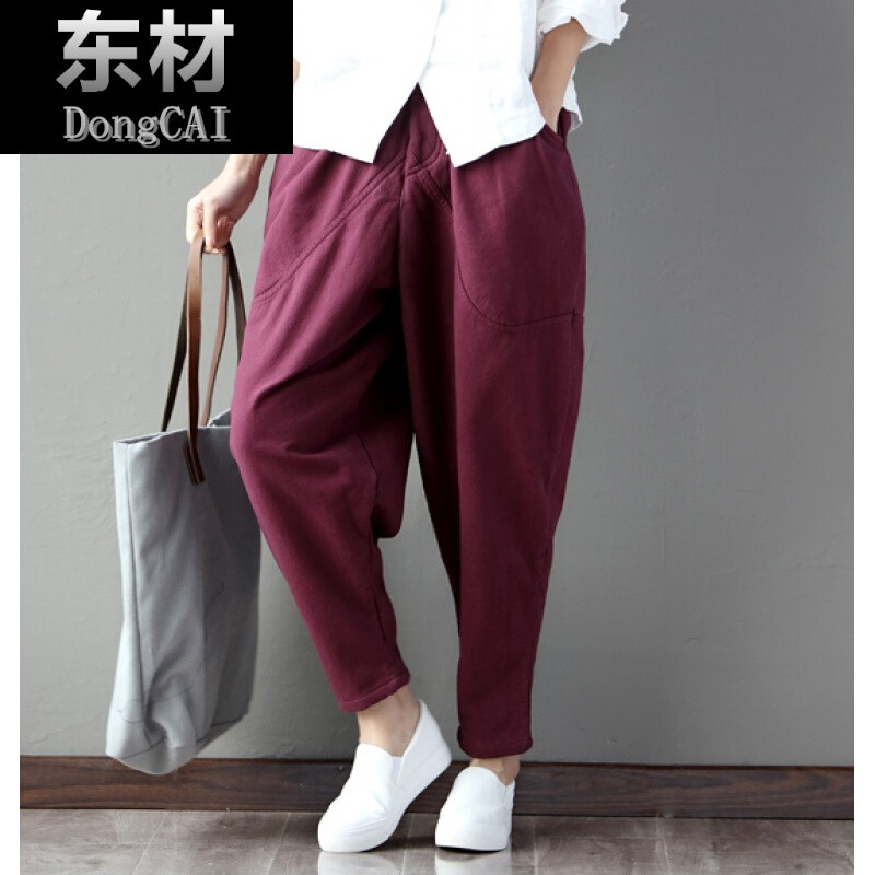 文艺棉麻九分裤女加肥加大码松紧腰哈伦裤胖m