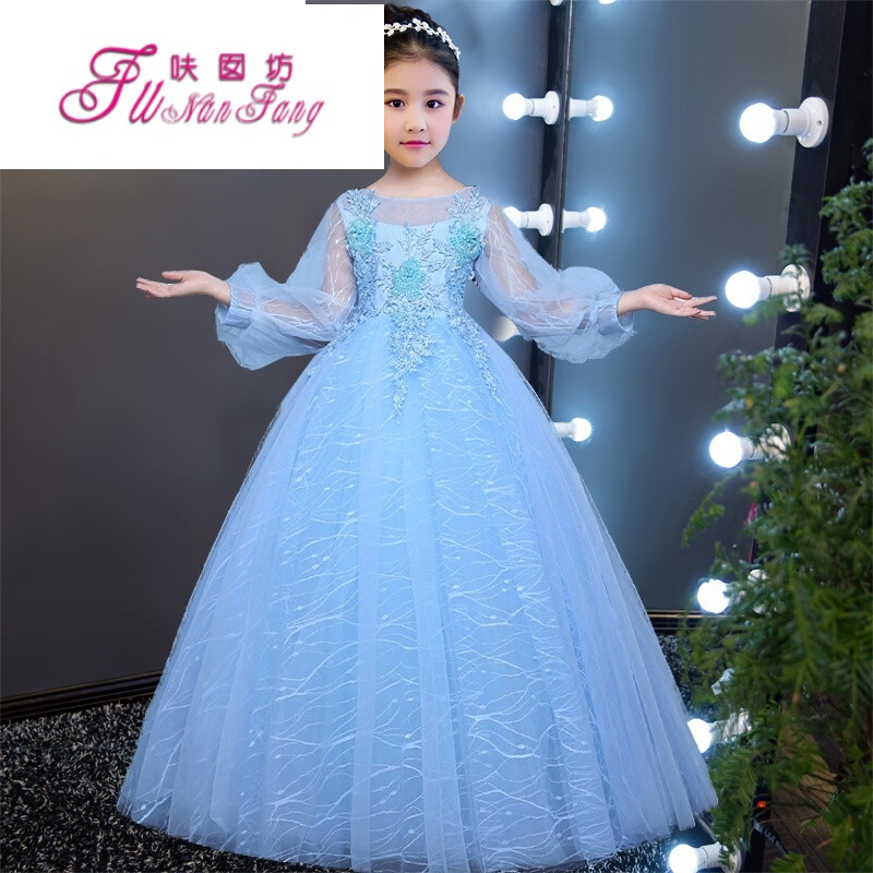 儿童礼服长袖蓬蓬纱裙夏季女童公主裙钉珠花童婚纱长款钢琴演出服蓝色