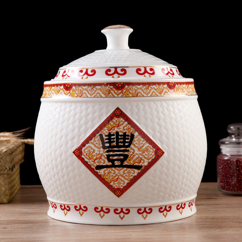 风源陶瓷米缸米桶装米桶米罐带盖储米箱防虫油缸家用装饰摆件(百年好