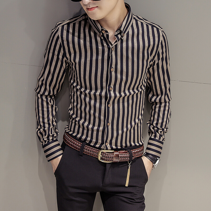 秋季竖条纹长袖衬衫韩版潮流修身男士青年发型