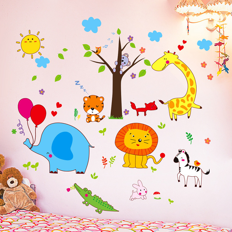 儿童房幼儿园教室墙面装饰贴纸树枝上的动物卡通墙纸自粘墙贴画
