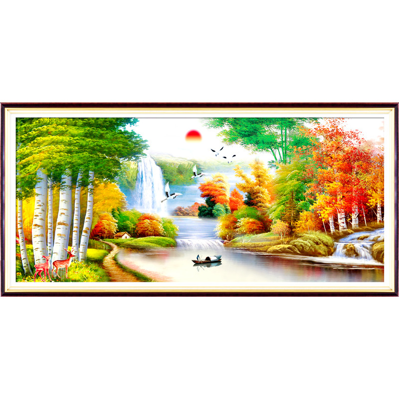 枫叶钻石画满钻客厅风景金色年华流水生财钻石绣山水画贴钻十字绣图片