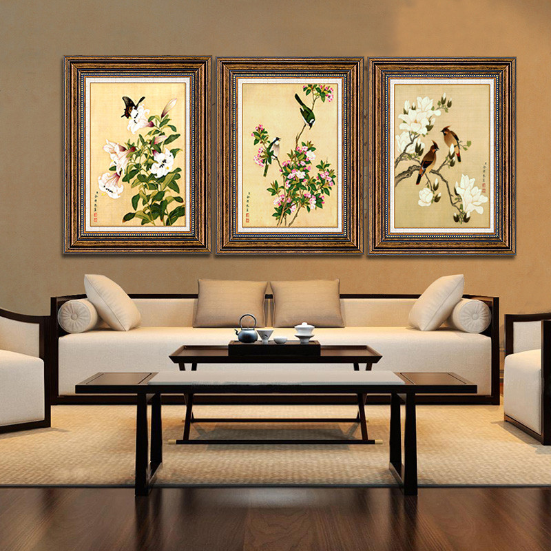 新中式客厅装饰画国画三联画沙发背景墙装饰挂画壁画郎世宁花鸟图