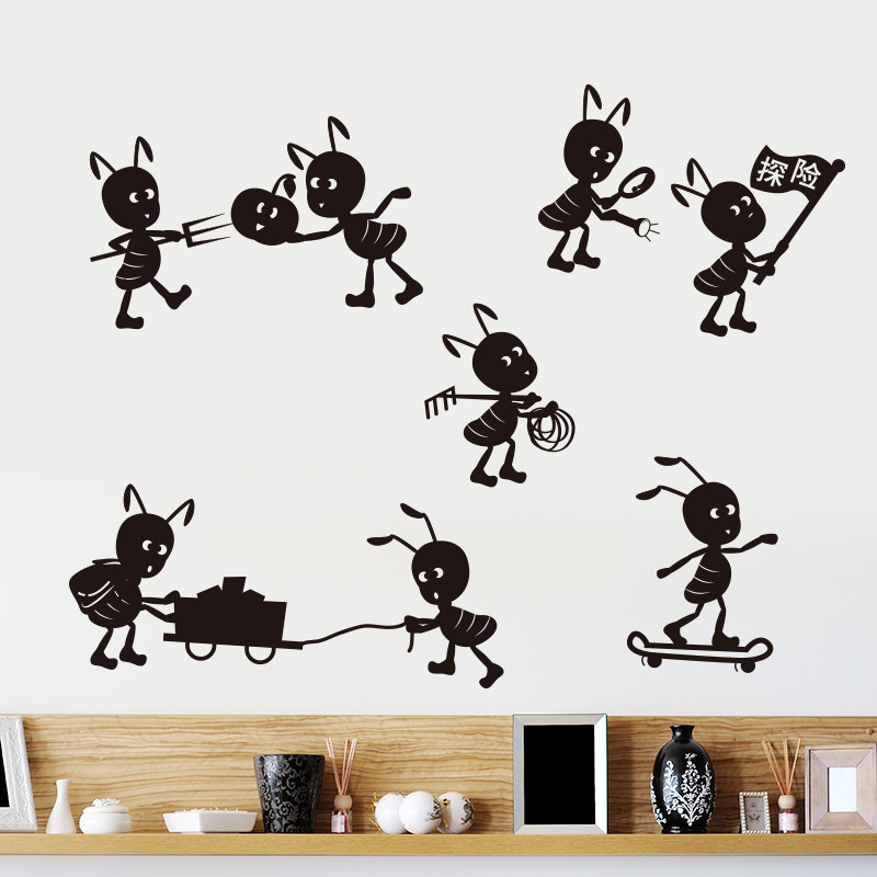墙贴纸贴画儿童房间幼儿园卡通可爱墙壁装饰黑色蚂蚁搬家探险动物