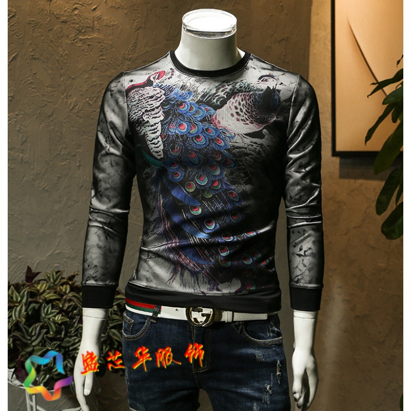 欧洲站男卫衣2017秋季圆领孔雀印花修身时尚