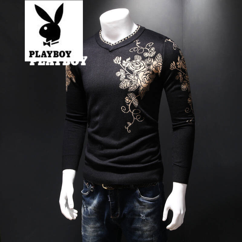 花花公子 圆领羊毛衫男毛衣韩版修身青年纯色