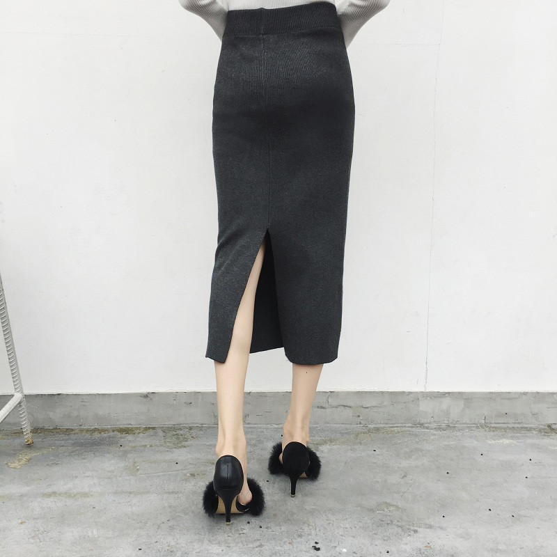 2017热卖半身裙 中长款秋冬高腰显瘦修身长裙开叉一步