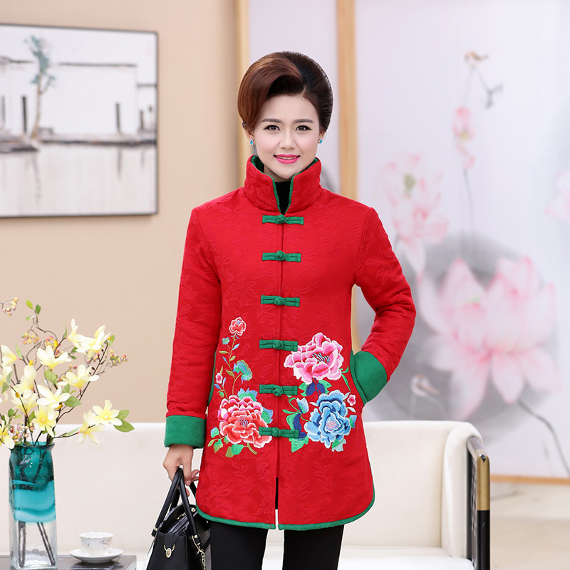 女装民族风刺绣花棉袄棉麻唐装中长款加大棉衣中老年棉服妈妈外套