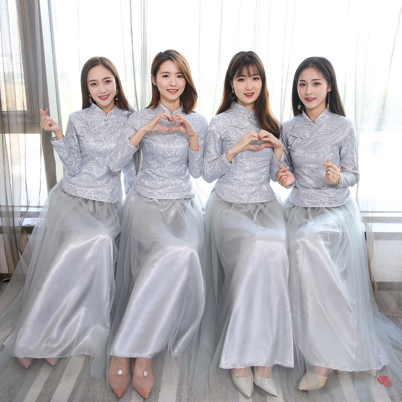 中式伴娘服冬季长袖2017新款韩版婚礼姐妹团女加厚伴娘礼服裙长款